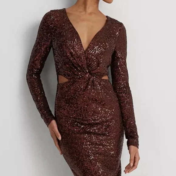 Lauren Ralph Lauren nwt gold sequin cocktail long sleeve dress size 2 small - Picture 4 of 5